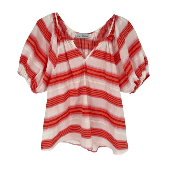 Never A Wallflower Gathered‎ V-Neck Blouse Small Pink Orange Stripe Puff Sleeve - Picture 3 of 8